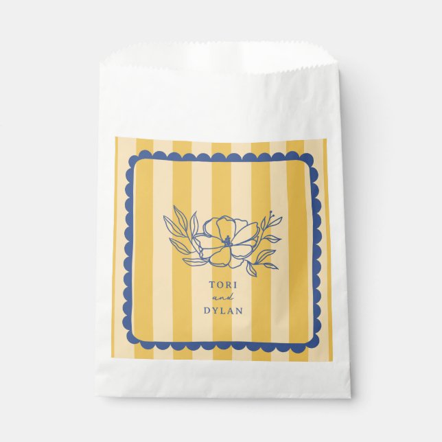 Floral Yellow Blue Botanical Stripe Wedding Favor Bag (Front)