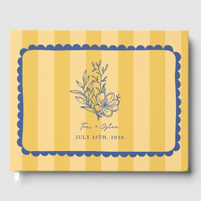Floral Yellow Blue Bouquet Stripe Wedding Guest Book (Front)