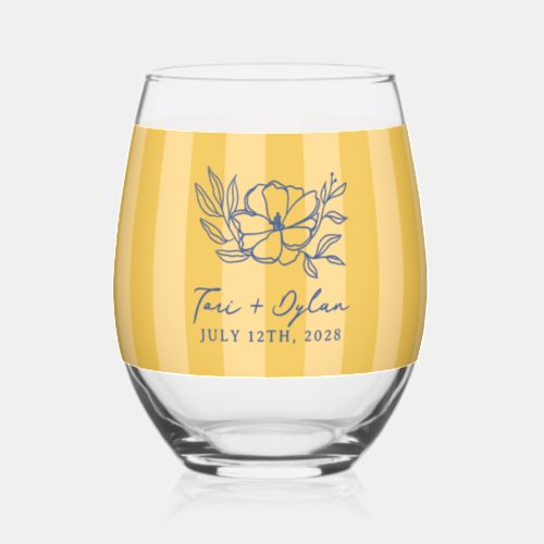 Floral Yellow Blue Bouquet Stripe Wedding Stemless Wine Glass