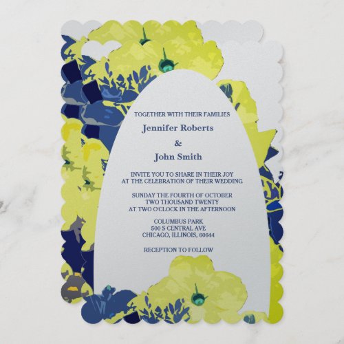 Floral Yellow Blue Garden Art Arch Wedding Silver Invitation