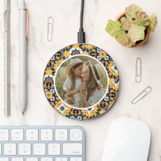Floral Yellow Blue Tile Pattern Personalized Photo Wireless Charger