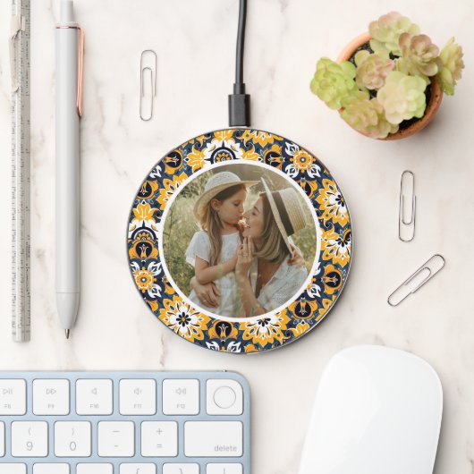 Floral Yellow Blue Tile Pattern Personalized Photo Wireless Charger (Desk)
