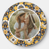 Floral Yellow Blue Tile Pattern Personalized Photo Wireless Charger (Front)