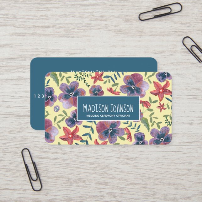 Floral yellow boho Watercolour Flowers Business Card (Front/Back In Situ)