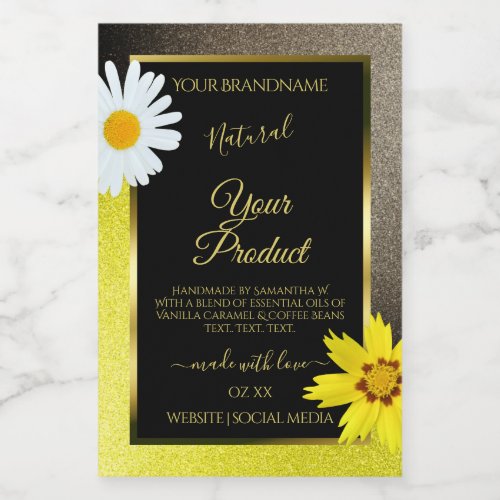 Floral Yellow Brown Glitter Black Product Labels