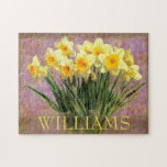 Floral Yellow Daffodil Spring Flowers Monogram Jigsaw Puzzle<br><div class="desc">This floral puzzle features a spring bouquet of bright cherry daffodils  on a rose textured background. Personalize with a name for a unique gift idea. Designed by world renowned artist Tim Coffey.</div>