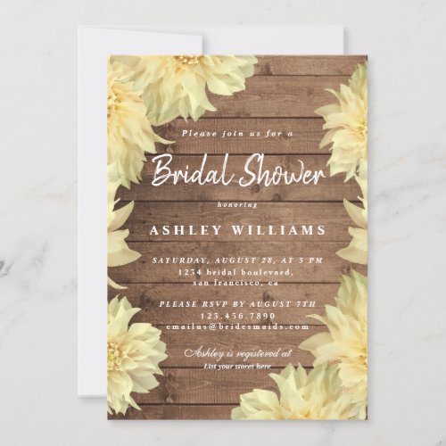 Floral Yellow Dahlia Rustic Wood Bridal Shower Invitation