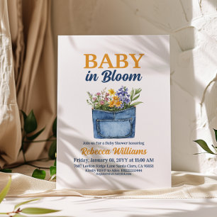 Floral Yellow Denim Pocket Baby In Bloom Shower Invitation