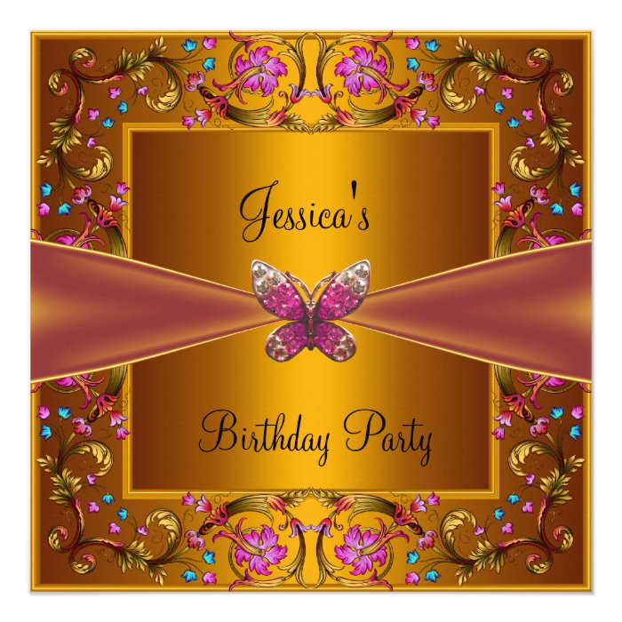 Gold Pink Butterfly Birthday Party Custom Invitations