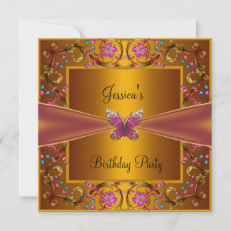 Floral Yellow Gold Pink Butterfly Birthday Party Invitation