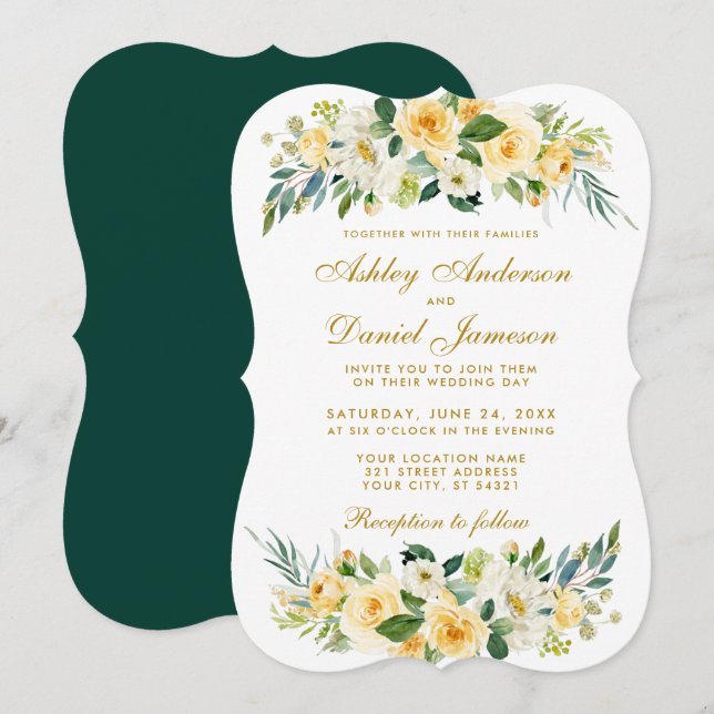 Floral Yellow Gold White Hunter Green Wedding Invitation (Front/Back)