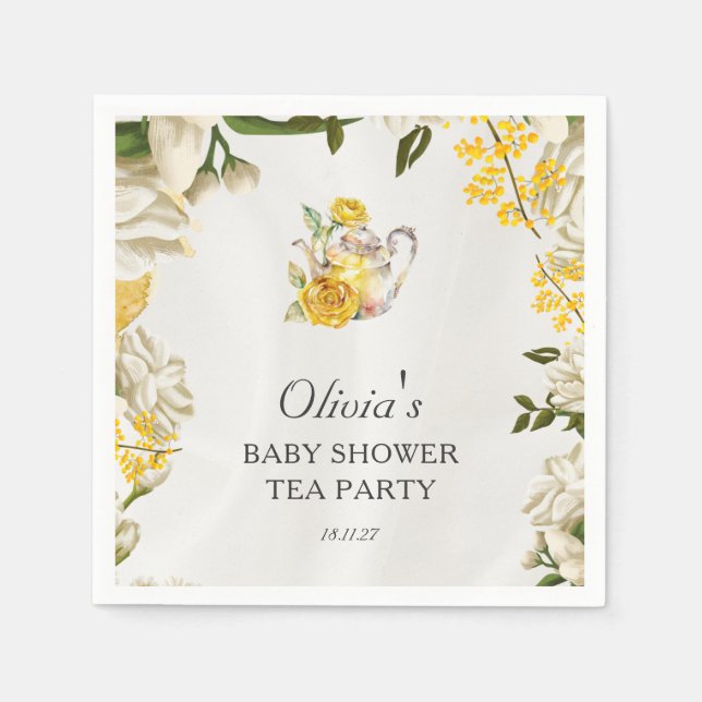 Floral Yellow Green Tea Party Baby Shower Paper Napkins (Front)