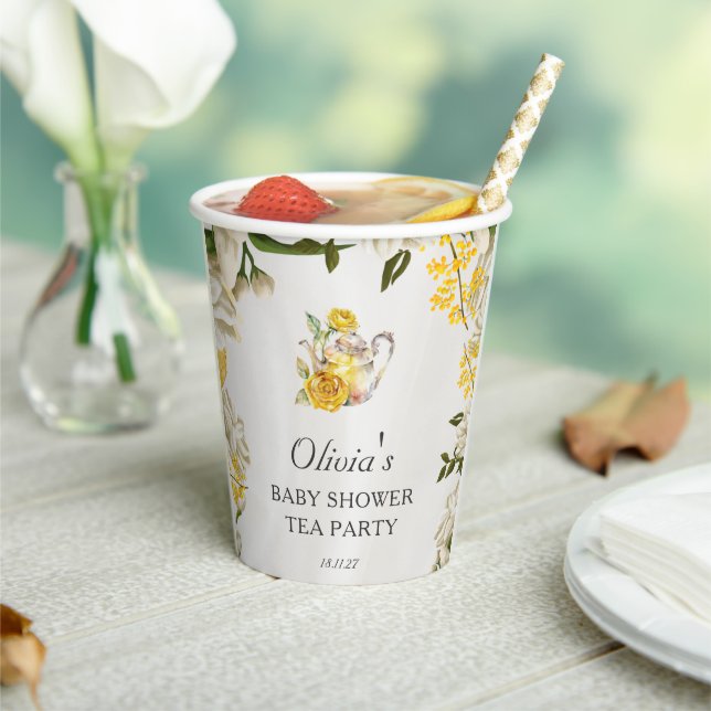 Floral Yellow Green Tea Party Baby Shower Paper Paper Cups (Insitu)