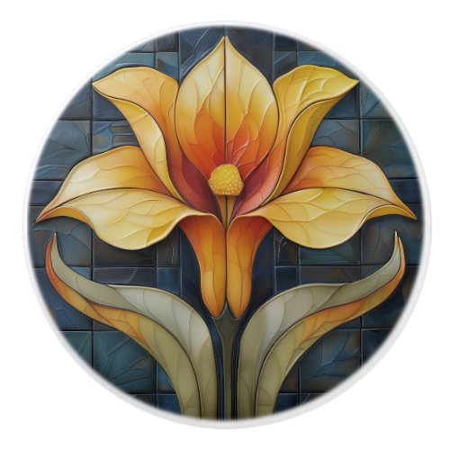 Floral Yellow Lily Art Deco  Ceramic Knob