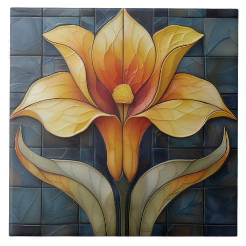 Floral Yellow Lily Art Deco  Ceramic Tile