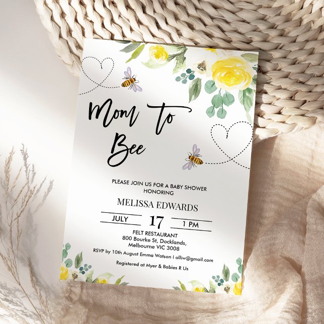 Floral Yellow Mom to Bee Baby Shower Invitation (Mom to Bee Baby Shower Invitation Template, Floral Bee Themed Baby Shower Invitation, Heart Path )