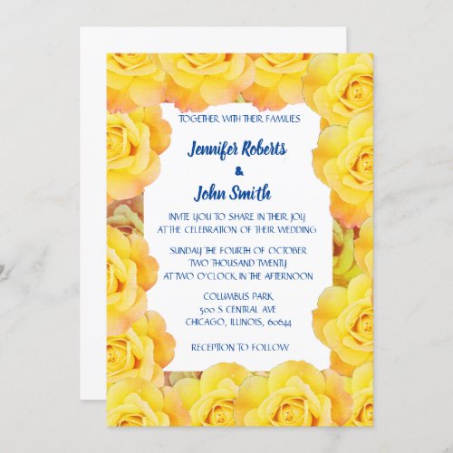 Floral Yellow Navy Blue Rose Cool QR Code Wedding Invitation