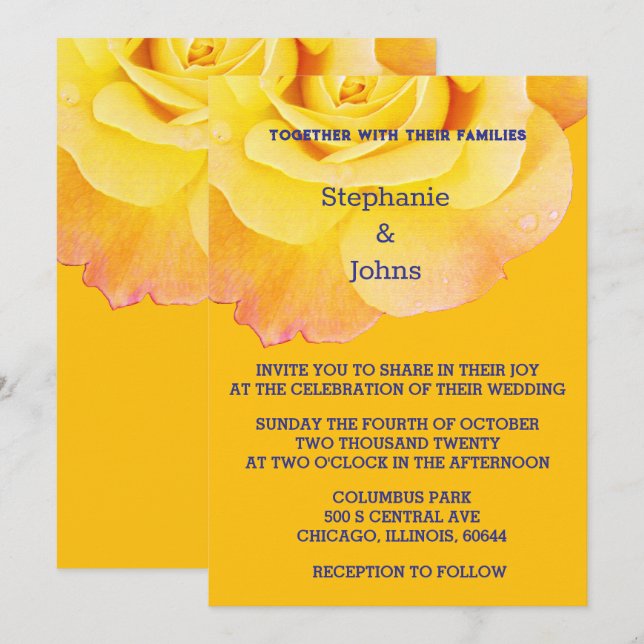 Floral Yellow Orange Rose Navy Blue Boho Wedding Invitation (Front/Back)