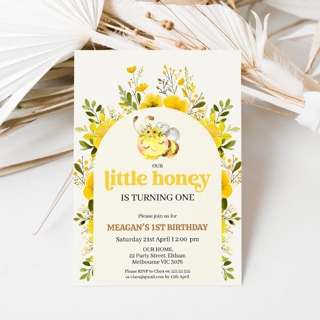 Floral Yellow Our Honey Bee 1st Birthday Invitation (Bee 1st Birthday Invitation Template, Yellow Floral Bee Birthday Invite, Our Little Honey Invite)