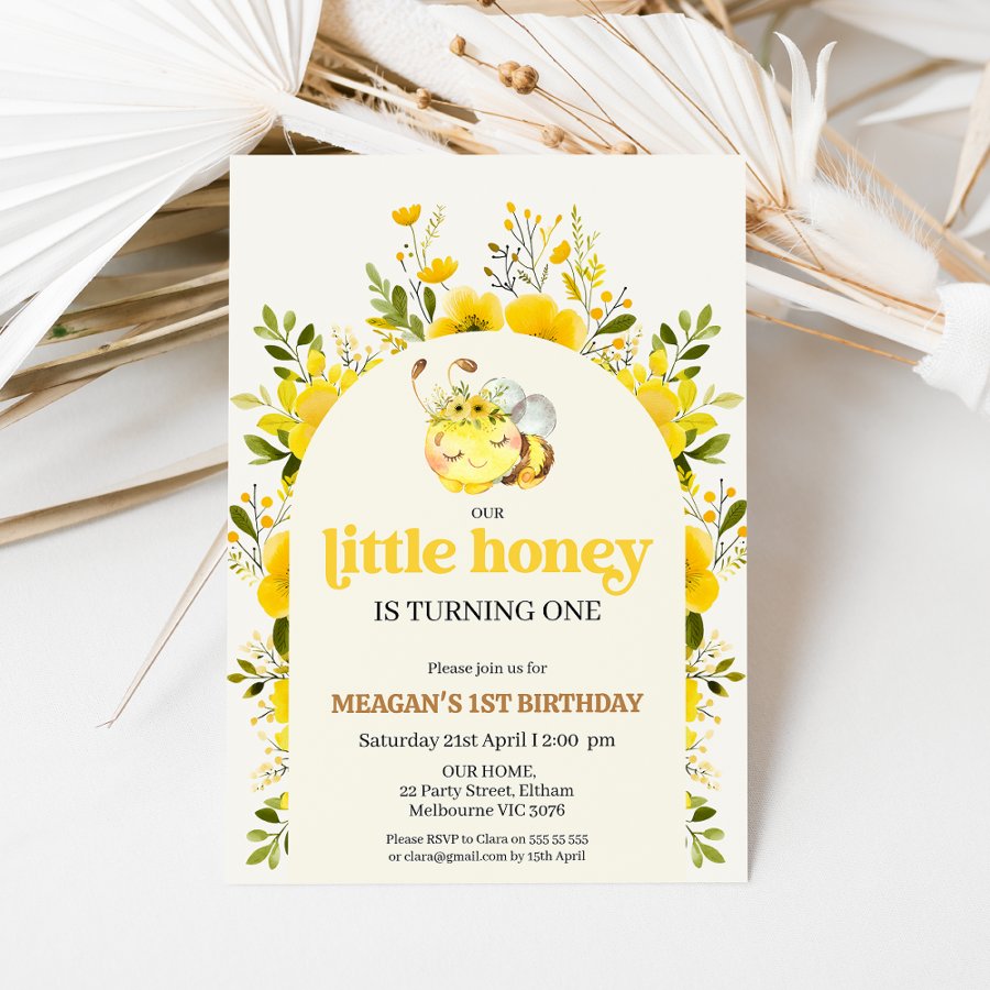 Floral Yellow Our Honey Bee 1st Birthday Invitation