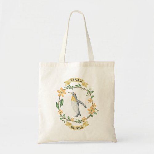 Floral Yellow Penguin Personalized Library Bag