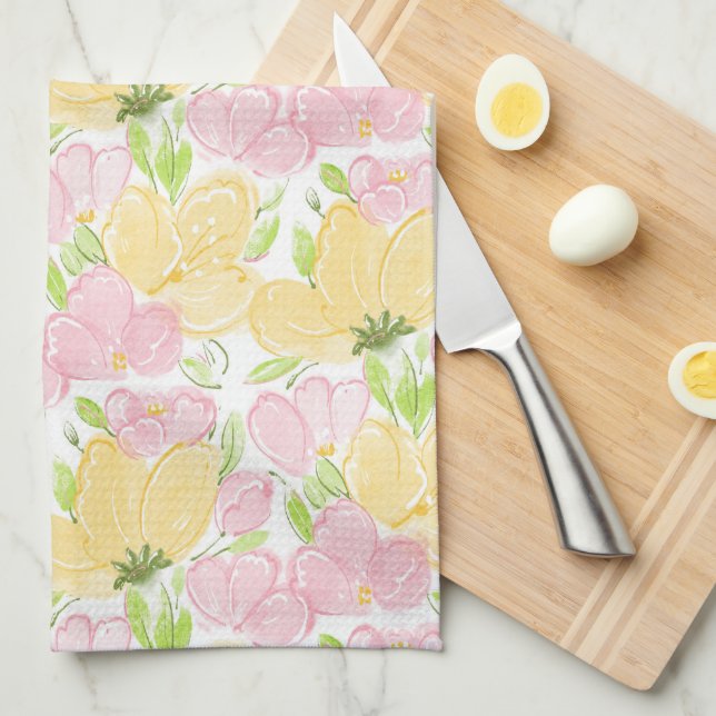 Floral Yellow Pink Kitchen Towel (Quarter Fold)