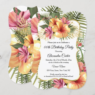 Floral Yellow Pink Tropical Hibiscus Gold Birthday Invitation