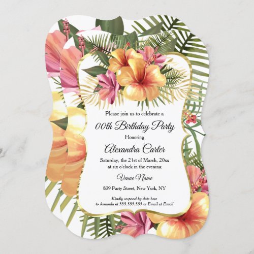 Floral Yellow Pink Tropical Hibiscus Gold Birthday Invitation
