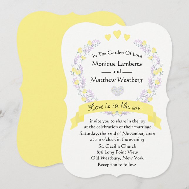 Floral Yellow  Purple Flower Wedding Wreath Invitation (Front/Back)