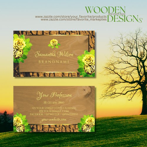 Floral Yellow Roses Wood Grain Rustic Tree Bark Business Card