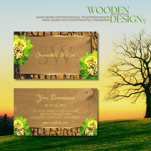 Floral Yellow Roses Wood Grain Tree Bark Initials Business Card