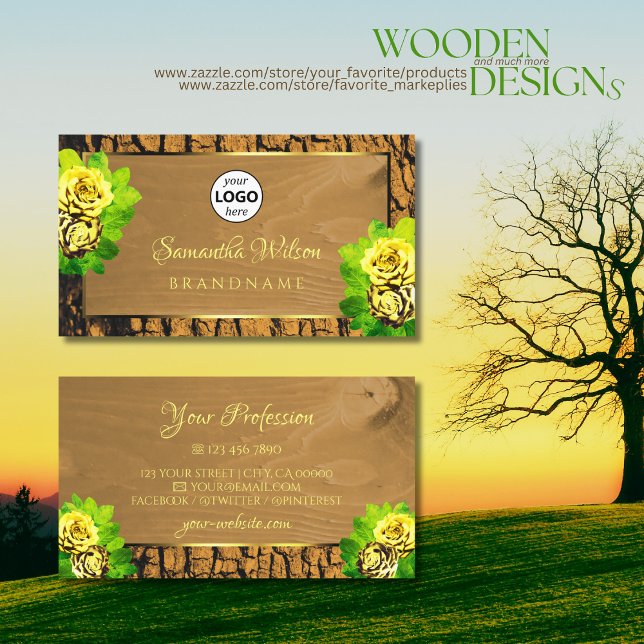 Floral Yellow Roses Wood Grain Tree Bark with Logo Business Card (Creator Uploaded)