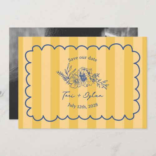 Floral Yellow Stripe Botanical Save The Date Photo