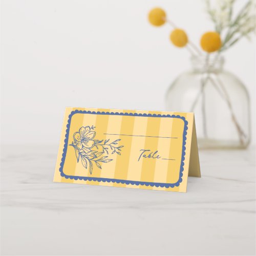 Floral Yellow Stripe Hand Drawn Frame Wedding Place Card