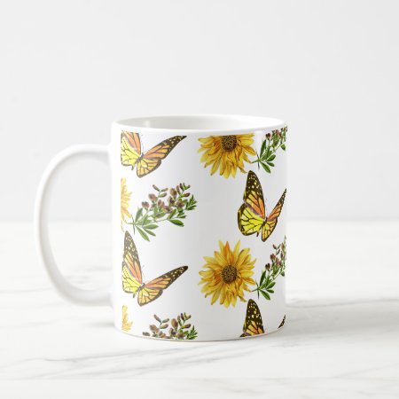Floral Yellow Sunflower And Butterflies   Coffee Mug