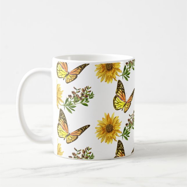 Floral Yellow Sunflower and Butterflies   Coffee Mug (Left)