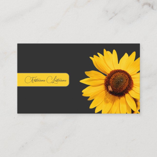 Floral yellow sunflower bee calligraphy dark gray business card (Front)