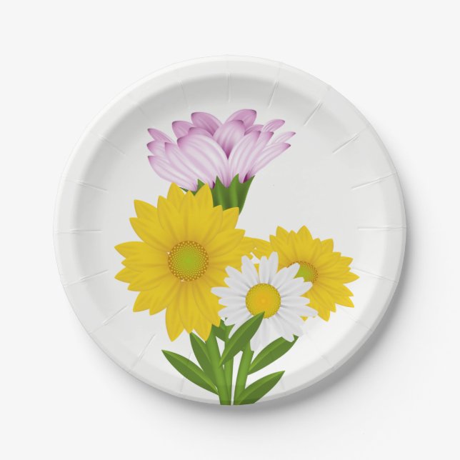 Floral Yellow Sunflower, Daisy Purple Flowers Paper Plates (Front)