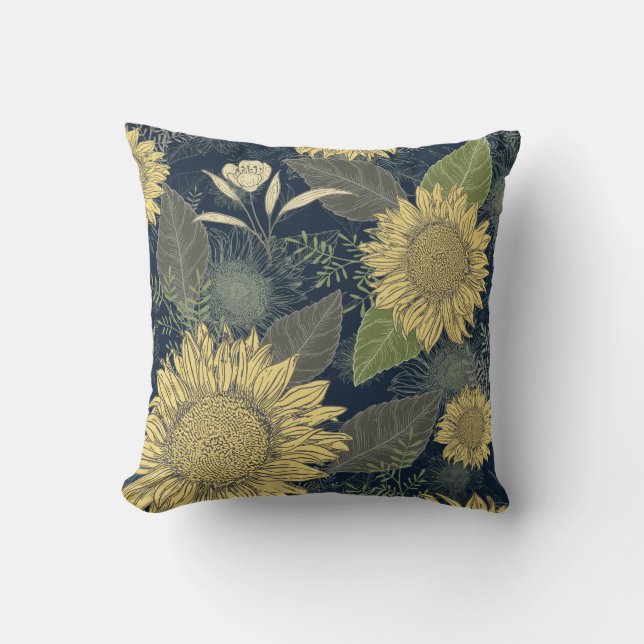 Floral Yellow Sunflower Navy Blue Throw Pillow (Front)