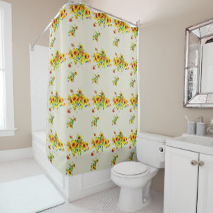 Floral Yellow Sunflower on White Shower Curtain