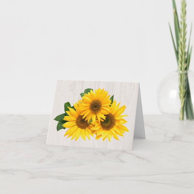 Floral Yellow Sunflower Rustic Gray Wood Thank You Card (Front)