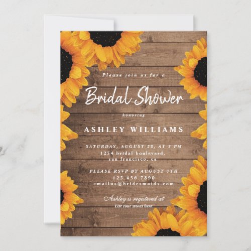 Floral Yellow Sunflower Rustic Wood Bridal Shower Invitation