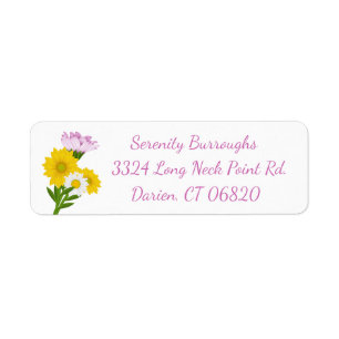 Floral Yellow Sunflower, White Daisy Purple Flower Label
