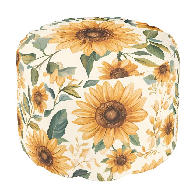Floral Yellow Sunflowers Pouf (Angled Front)