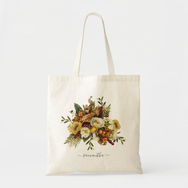 Floral Yellow Terracotta Botanical Personalized Tote Bag (Front)