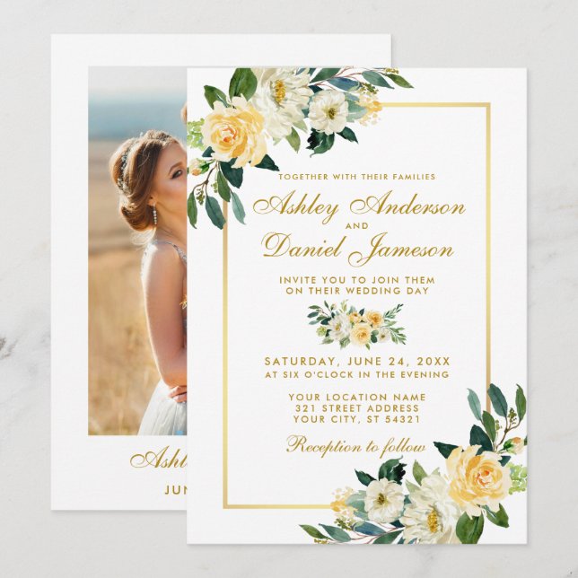 Floral Yellow White Gold Photo Wedding Invitation (Front/Back)