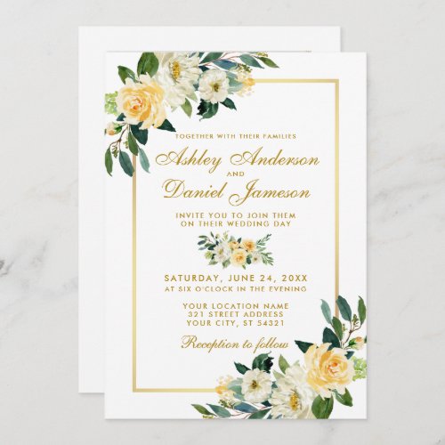 Floral Yellow White Gold Photo Wedding Invitation