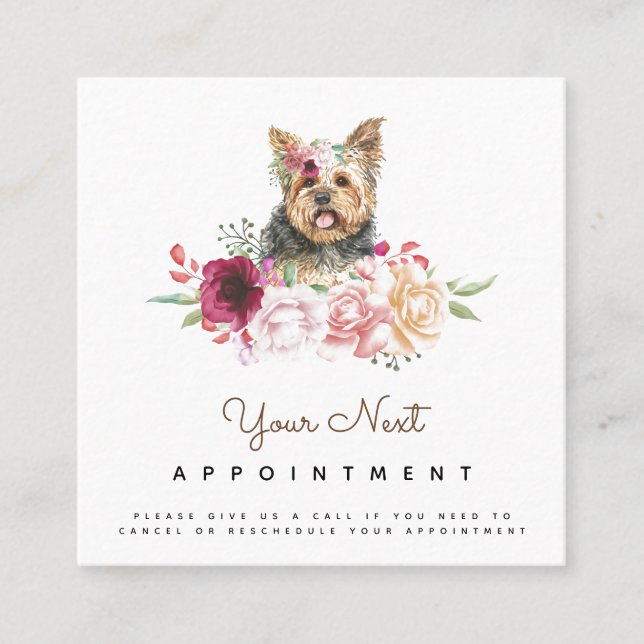 Floral Yorkshire Terrier Dog Appointment Reminder  Square Business Card (Front)