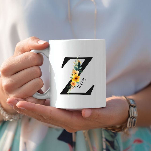 Floral Z Monogram Mug with Editable Name (Floral Z Monogram Mug with Editable Name. Yellow, Orange & Greenery Watercolor Flowers.)