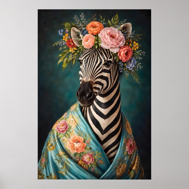 Floral Zebra Portrait Poster, Maximalist Botanical Poster (Front)